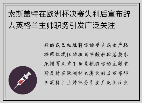 索斯盖特在欧洲杯决赛失利后宣布辞去英格兰主帅职务引发广泛关注