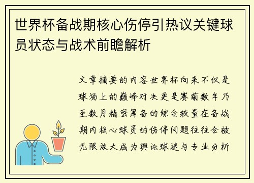 世界杯备战期核心伤停引热议关键球员状态与战术前瞻解析