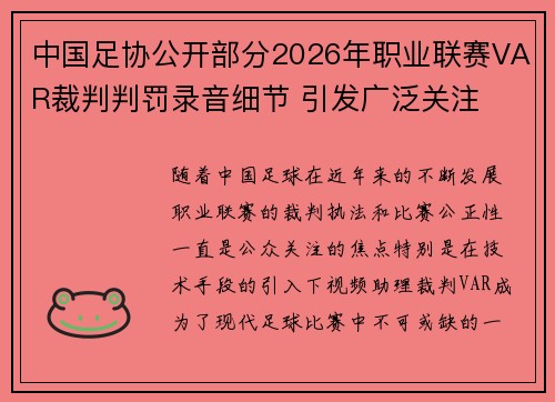 中国足协公开部分2026年职业联赛VAR裁判判罚录音细节 引发广泛关注